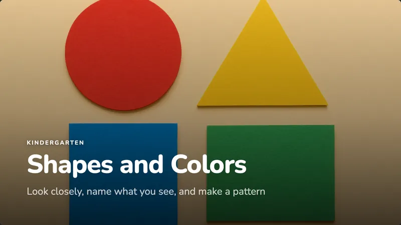 Cover slide: Shapes and Colors, wooden blocks in red, yellow and blue.