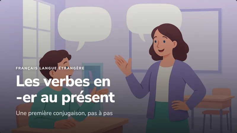 Cover slide: Les verbes en -er au présent, two people talking in a classroom.